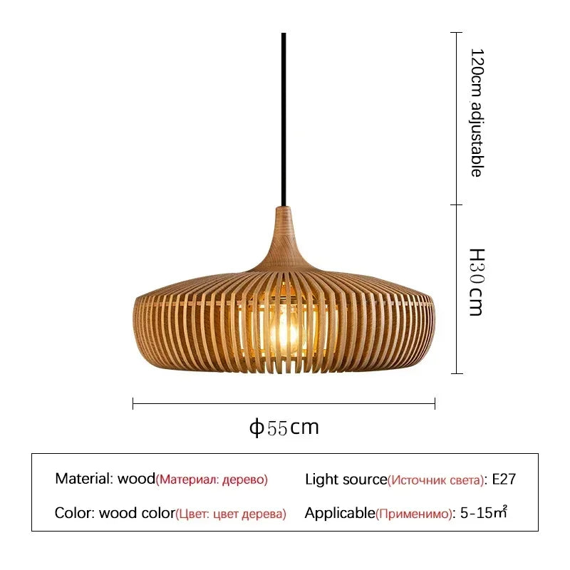 Rustic Wooden Round Pendant Light Chandelier - Modern Farmhouse Ceiling Hanging Lamp Fixture for Dining Table, Living Room & Restaurant Decor