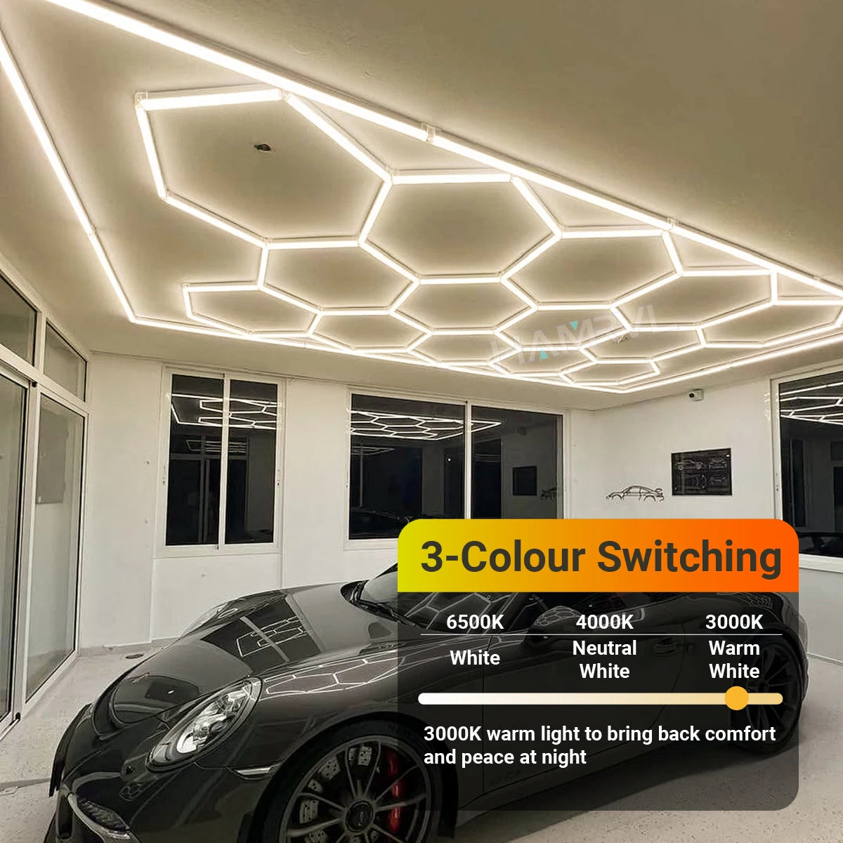 3 Color Switching Mode Hexagon LED Lighting for Garage Barbershop Ceiling Light 3000K 4000K 6500K Workshop Gym 4S Honeycomb Tube