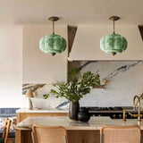 Eloise French Medieval Scallop Milk Glass Pendant Lamp - Retro Green Globe LED Dimmable Hanging Light for Homestay, Dining Room & Office Decor