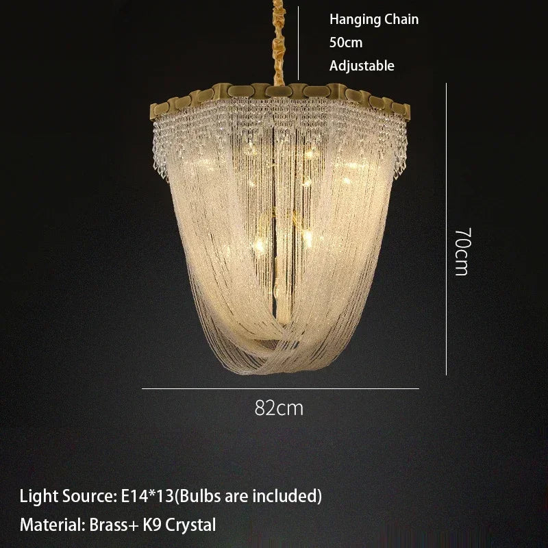 Luxury Brass Crystal Bead Curtains Chandeliers 2025 Modern LED Home Decor Hanging Lamps for Ceiling Living Room Lighting Fixture