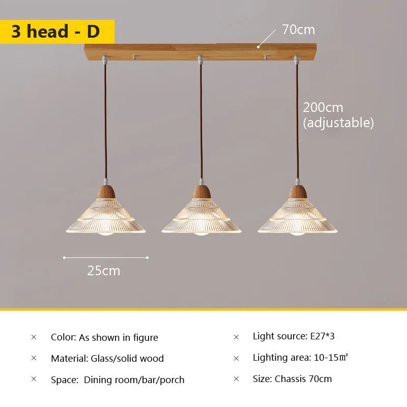 Nordic glass pendant lamp Japanese log wind cafe's restaurant three small chandelier bedroom bedside bar dining table lamps