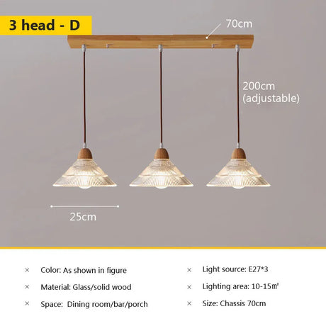 Nordic glass pendant lamp Japanese log wind cafe's restaurant three small chandelier bedroom bedside bar dining table lamps