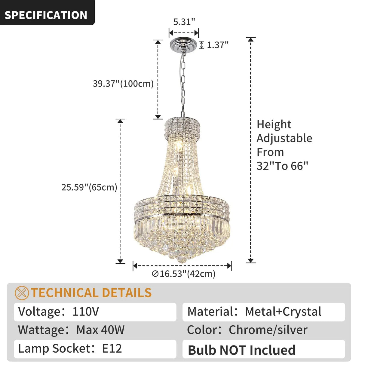 Chrome Modern Crystal Chandeliers Light Fixture,6-Light Empire Style K9 Crystal Chandeliers for Entryway