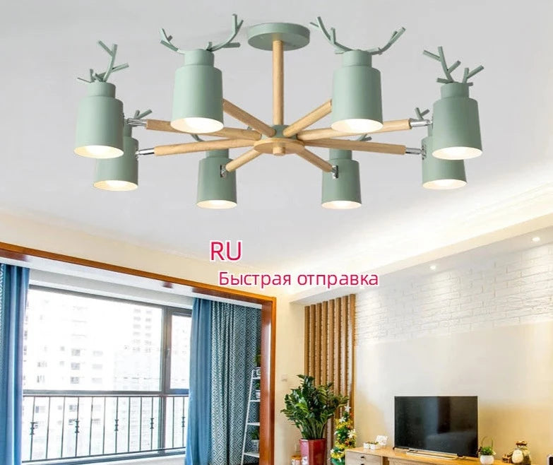 Log chandelier living room bedroom ceiling pendant light fixtures kitchen ceiling lighting deer design e27 light
