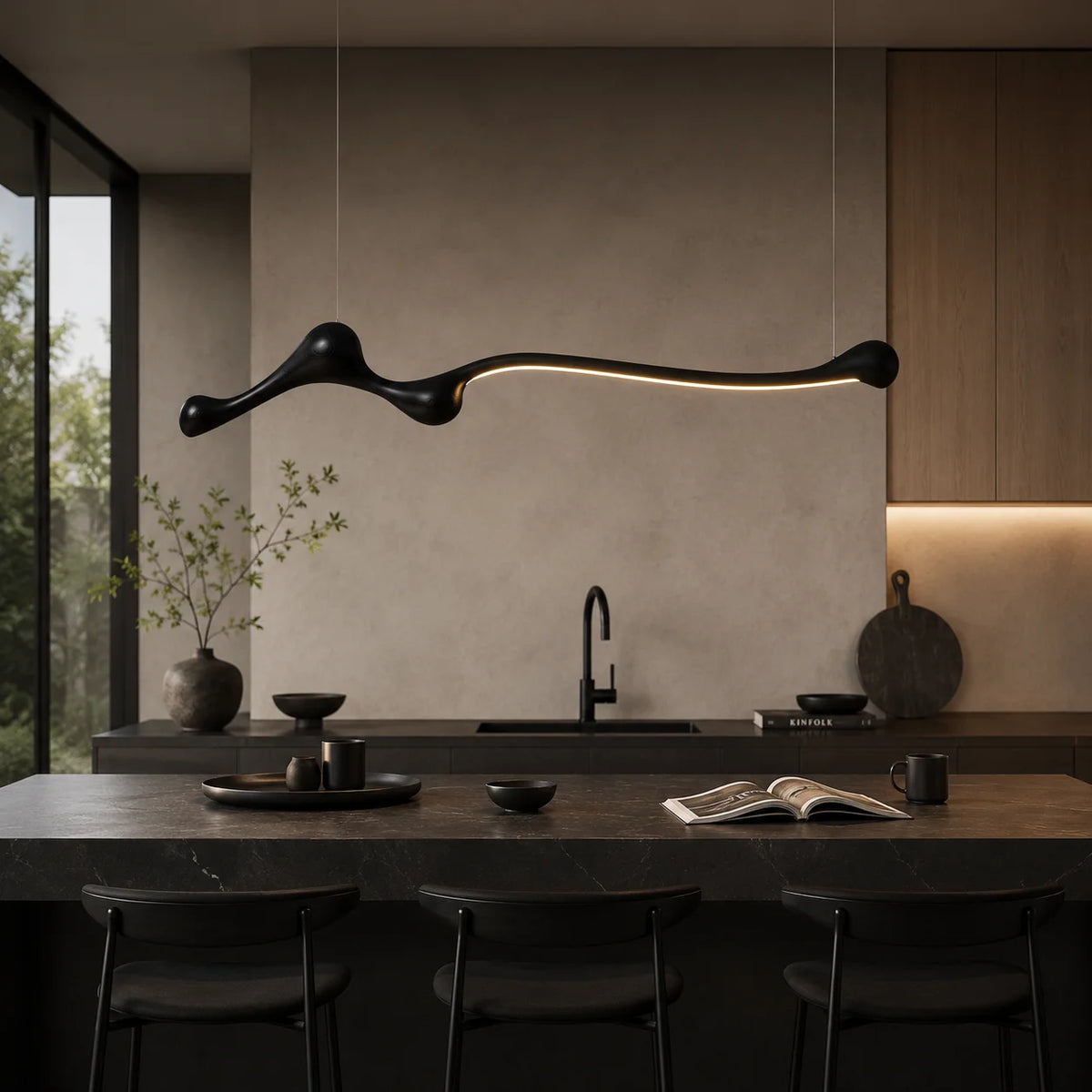 Linear Solid Wood Pendant Light with a Gentle Curve Dimmable LED Chandelier in 3 Wood Colors for Kitchen Island Dining Room