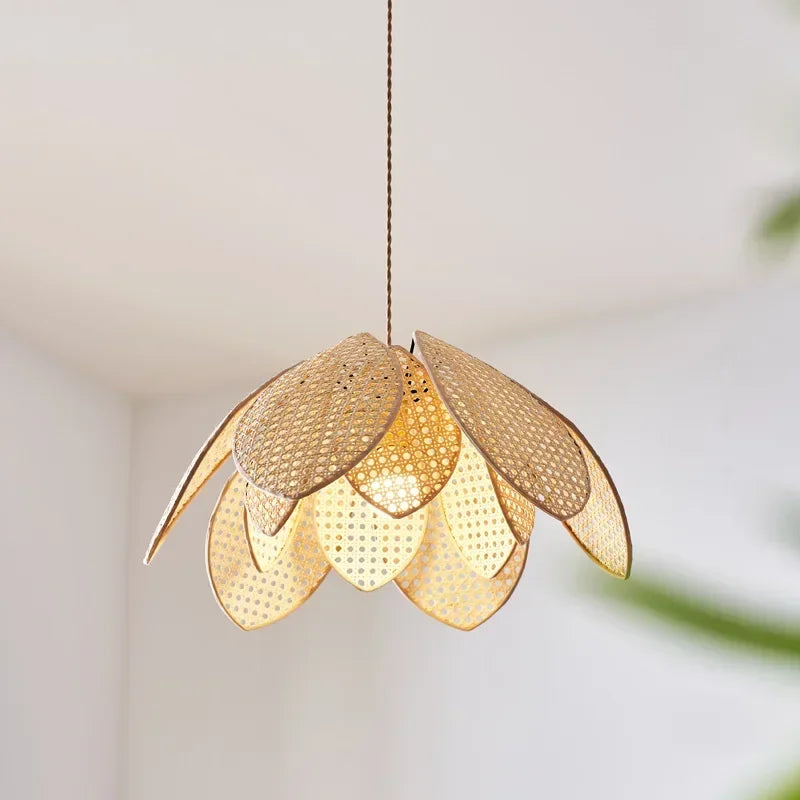 Dining Room Rattan Petal E27 Chandelier Nordic Wabi Sabi Led Pendant Lights Modern Simple Foyer Suspend Lamp Bedroom Lamparas