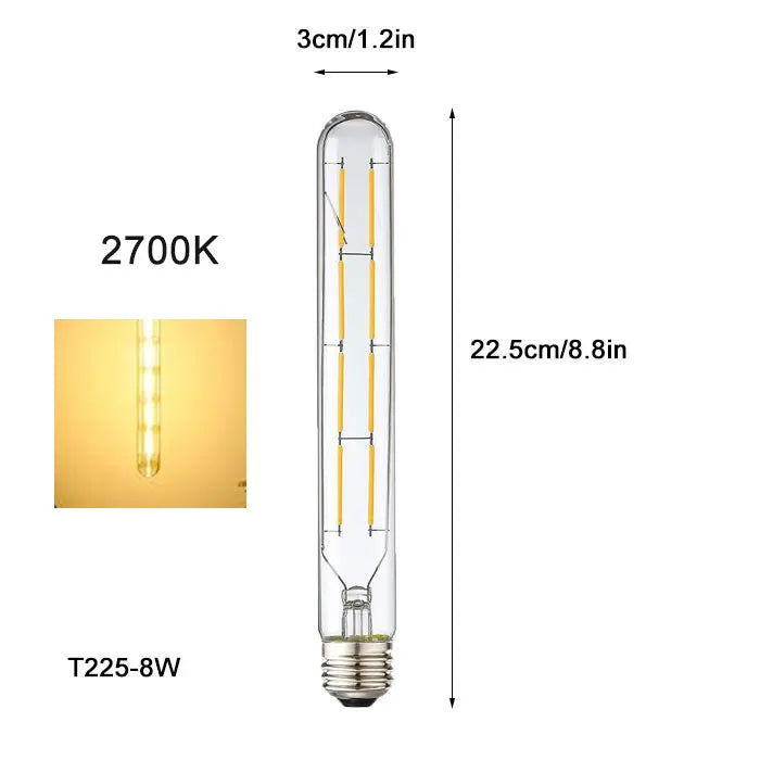 Vintage Tubular LED Filament Light Bulb - T10 T30 Long Tube 4W 6W 8W Edison Lamp