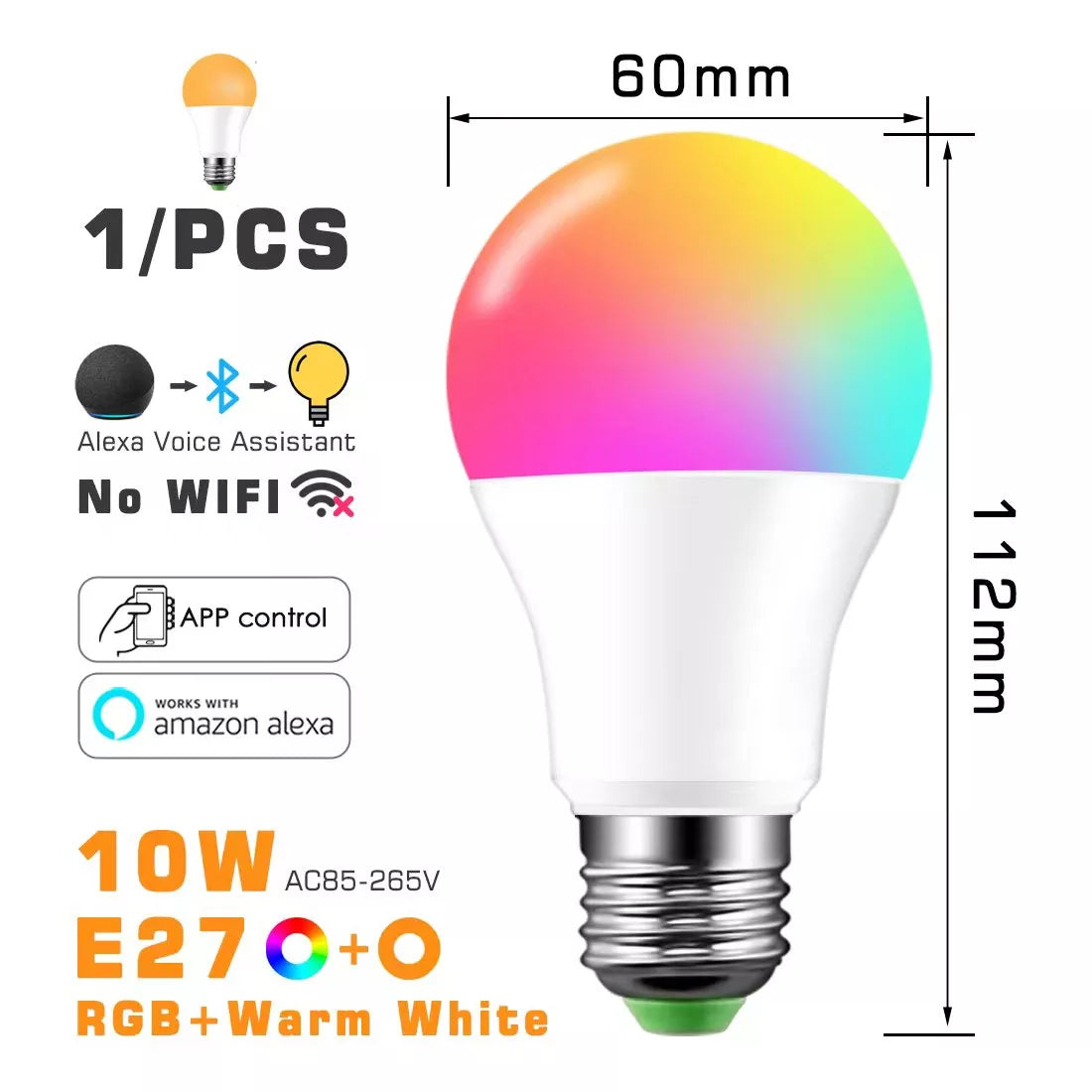 LED Smart Light Bulb, Color Changing Alexa Light, RGB Smart Lamp That Work With Alexa, E27 B22 Base,16 Million Colors, Dimmable