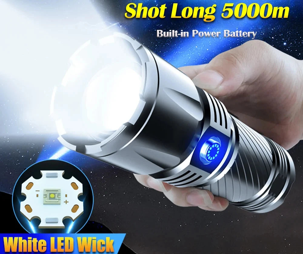 5000 Meters Throw LED Flashlight Typ-C Rechargeable Searching LED Spotlights 1000000 High Lumens White LED Tactical Flashlights