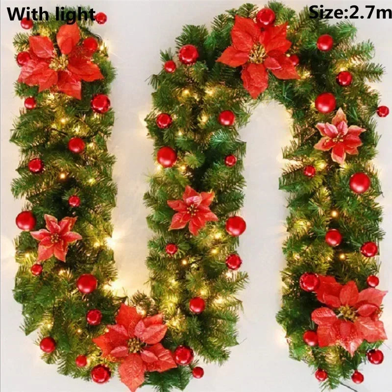 Christmas LED Rattan Garland 2.7m Artificial Xmas Tree Wreath, Decorative Banner for Home Fireplace Door Staircase Party Decor