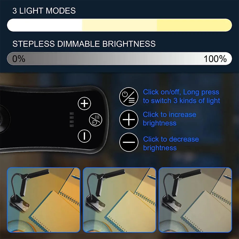 LED Clip On Book Light 3 Colors 8 Brightness USB Rechargeable Night Light Portable Reading Light Book Lamp Mini Desk Lamp