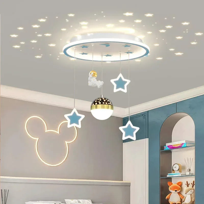 Modern Creative Star Children's Room LED Chandeliers for Bedroom Study Design Ring Lamp Home Decors Cartoon Warm Lighting Fixture