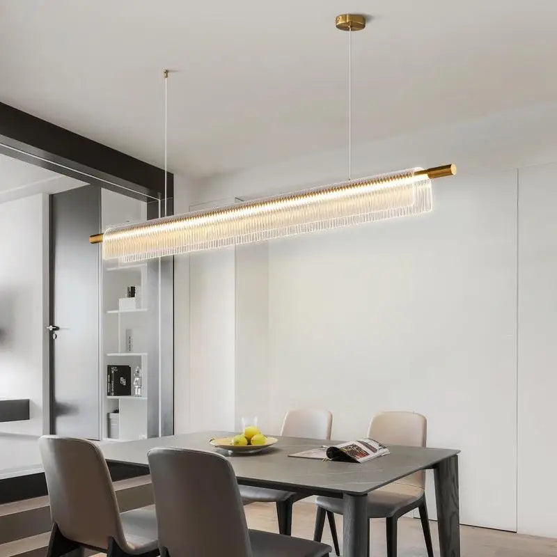 Simple Acrylic Linear LED Chandelier for Dining Table Kitchen Island Restaurant Bar Office Study Modern Iron Strip Pendant Light
