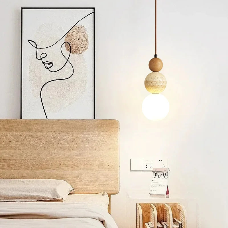 Cream Style Bauhaus Pendant Lamp - Designer Stone & Wood Bedside Light