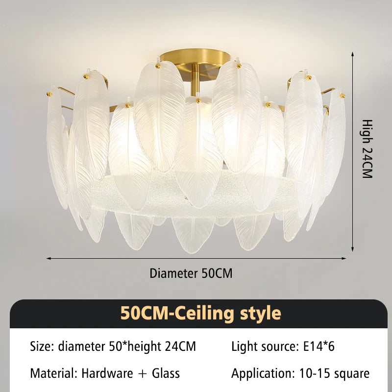 Modern Luxury Glass Feather Chandelier Lighting Lustre Suspension Luminaire Lamp for Living Dining Bedroom Kitchen Home Decor