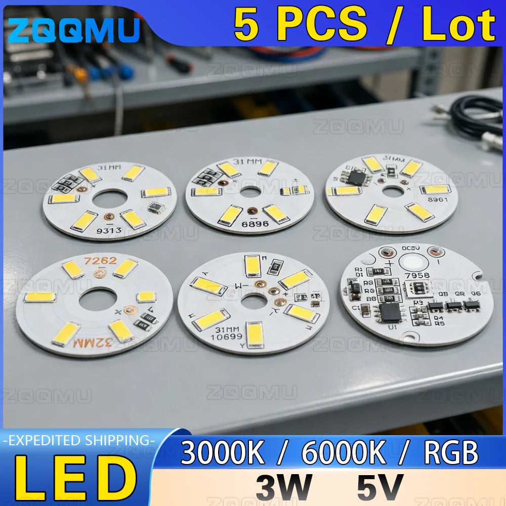 5-Pack 3W 5V LED Chips - Round DIY Light Source for Portable Lamps & M ...