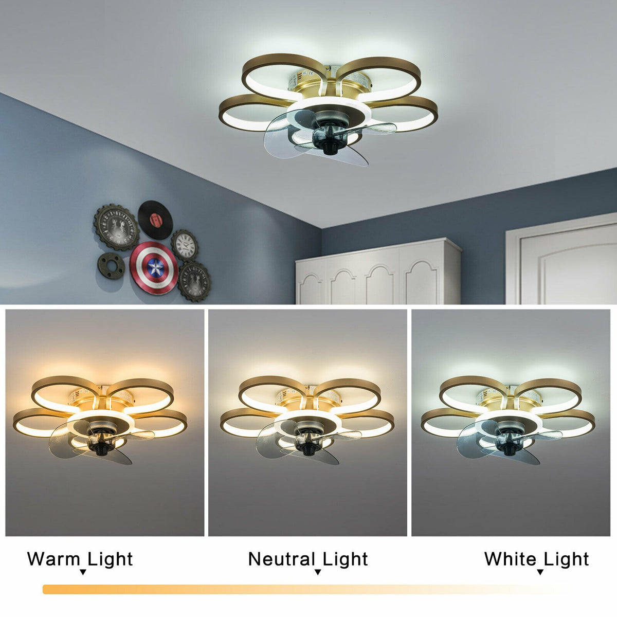 20 Inch Bladeless Ceiling Fan with Light and Remote Control 3 Light Color 3 Wind Speed Timing Silent Gold Enclosed Ceiling Fan