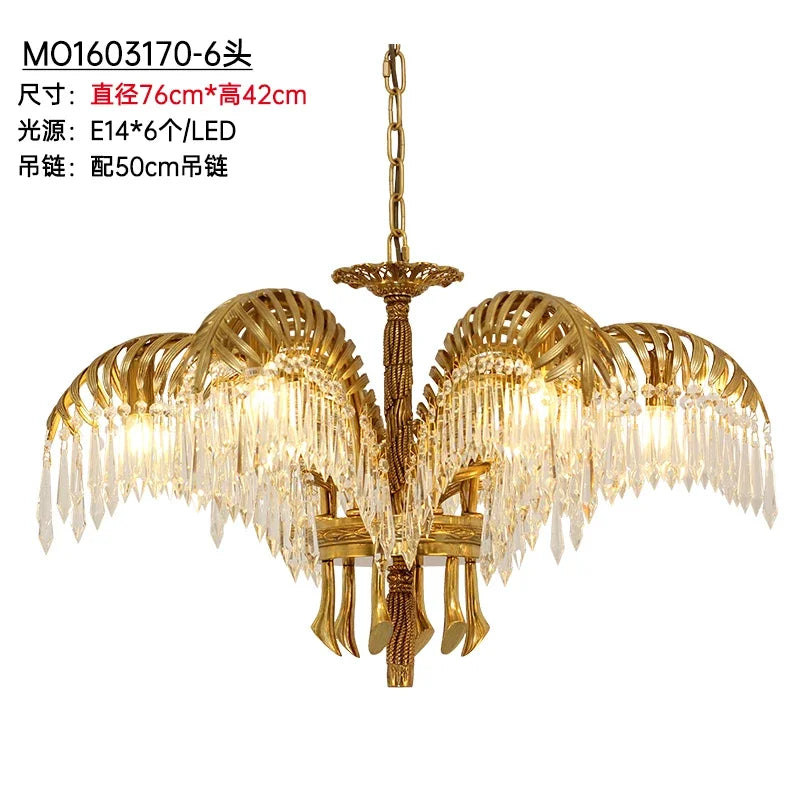 Hand Carving Gold Brass Hanging Pendant Lights Villa Living Room Luxury Crystal Palm Chandelier