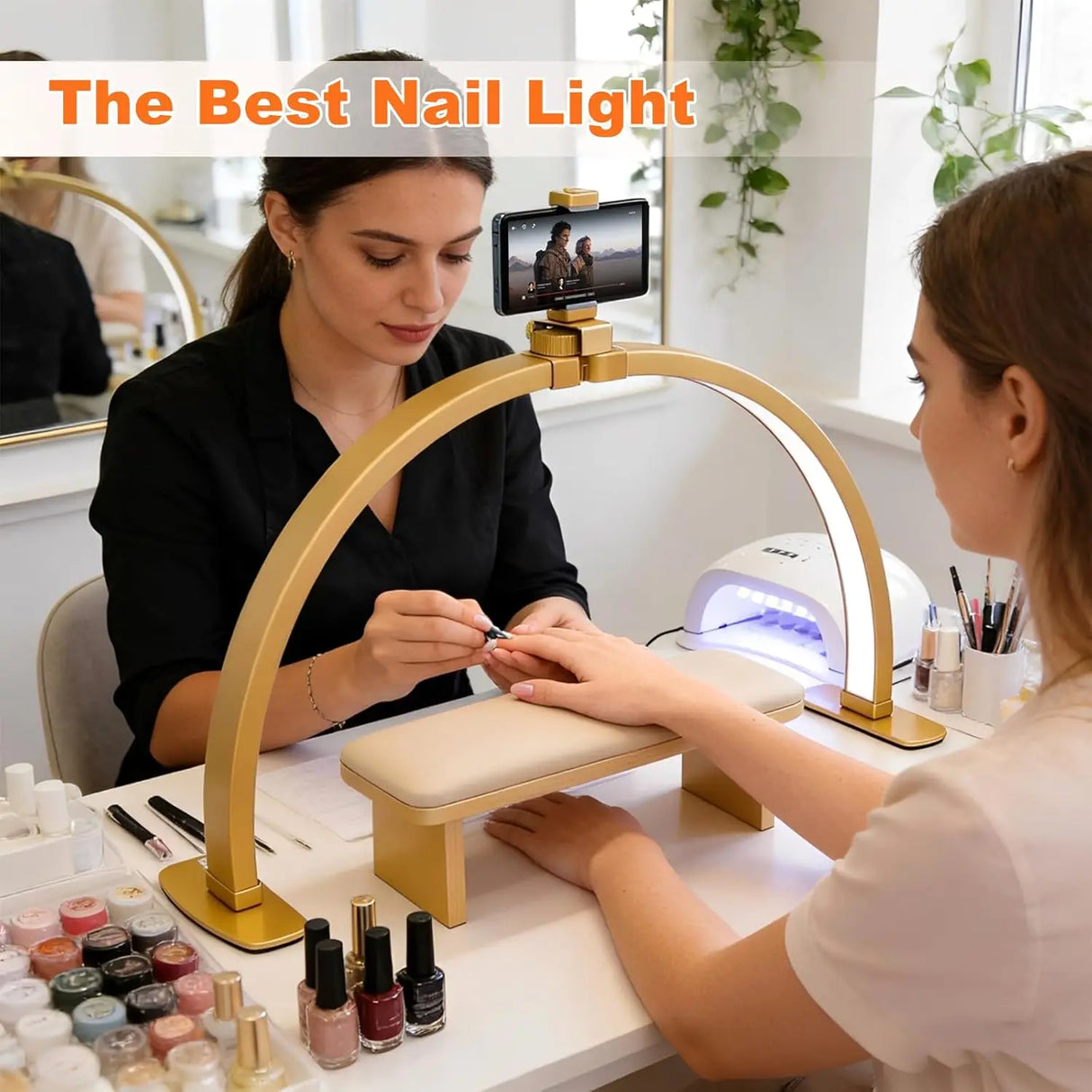 29IN Folding Half-Moon LED Nail Desk Lamp - Shadow-Free Light with Phone Holder