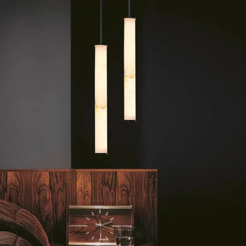 Cylindrical Natural Marble Chandelier Black Brass 3000K Indoor Bedroom Parlor Pendant Lamp Cord Adjustable