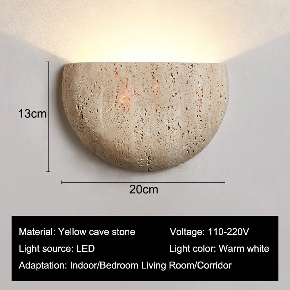Wabi-Sabi Retro Yellow Cave Stone LED Wall Lamp - Natural Travertine Accent Sconce Light Fixture for Bedroom Bedside, Hallway & Entrance Background Decor