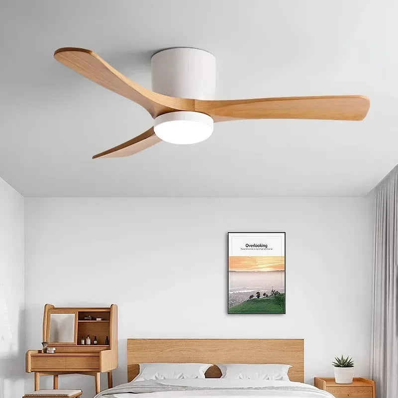 Nordic Style Solid Wood Fan Leaf Ceiling Light, Remote Control, Household Bedroom, Living Room Light, Low Floor Electric Fan