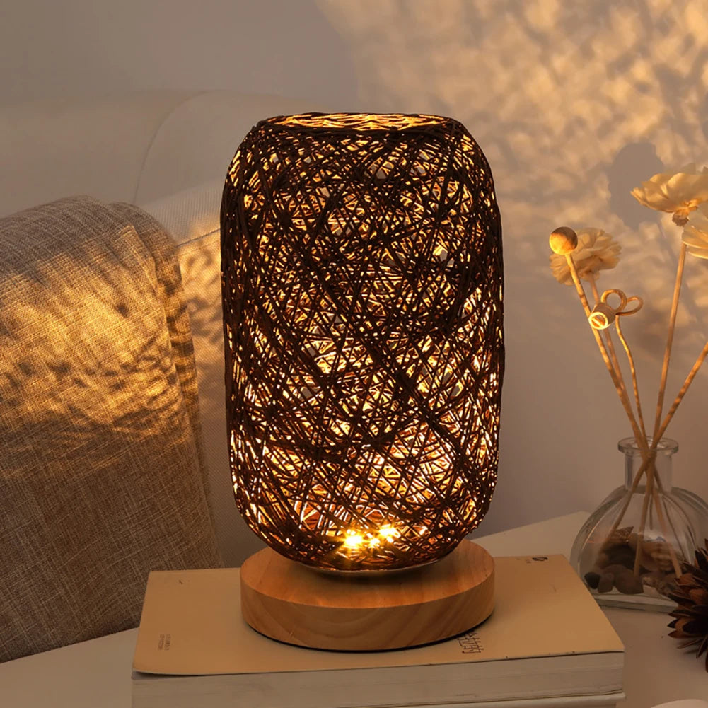 Led Night Light Wooden Rattan Twine Table Lamps Dimmable Light Desk Lights Home Art For Power Bank Bedroom Bedside Decoration