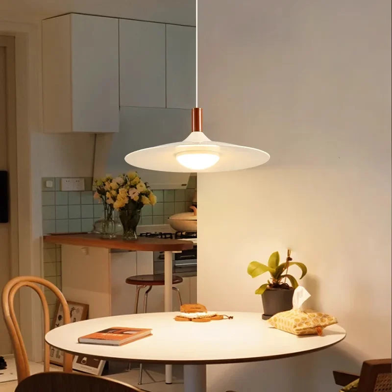 French Cream Style Pendant Light, Walnut Finish UFO Chandelier, Minimalist Retro Lamp for Dining Room, Bedroom, Cafe Bar Decor