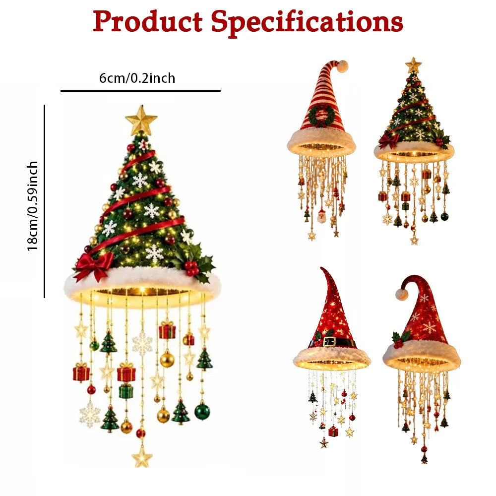 LED Santa Hat Hanging Light Christmas Pendant Lamp with Tassel Bell Star Ornaments Xmas Holiday Party Home Wall Ceiling Decor