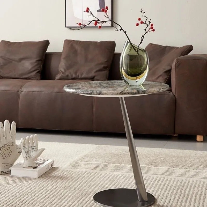 Round Marble Side Table with Metal Leg, Modern Stone Top End Table, Minimalist Single Pedestal Accent Table for Living Room