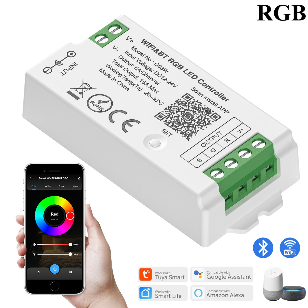 Smart LED Controller, Tuya WiFi, Alexa, Google Home, Bluetooth Voice Control, Dynamic Lighting Control, CCT, RGB, RGBW, Dimmer, iOS, Android, 2.4G, DC12V, DC24V, Intelligent Connectivity, Dynamic Light Modes, User-Friendly Compatibility, Versatile Voltage Support, Effortless Control, Max Load Power, Durable Craftsmanship, Certified Quality, Two-Year Warranty, WiFi and Bluetooth Connection, Lighting Ambiance, Lighting Control Options