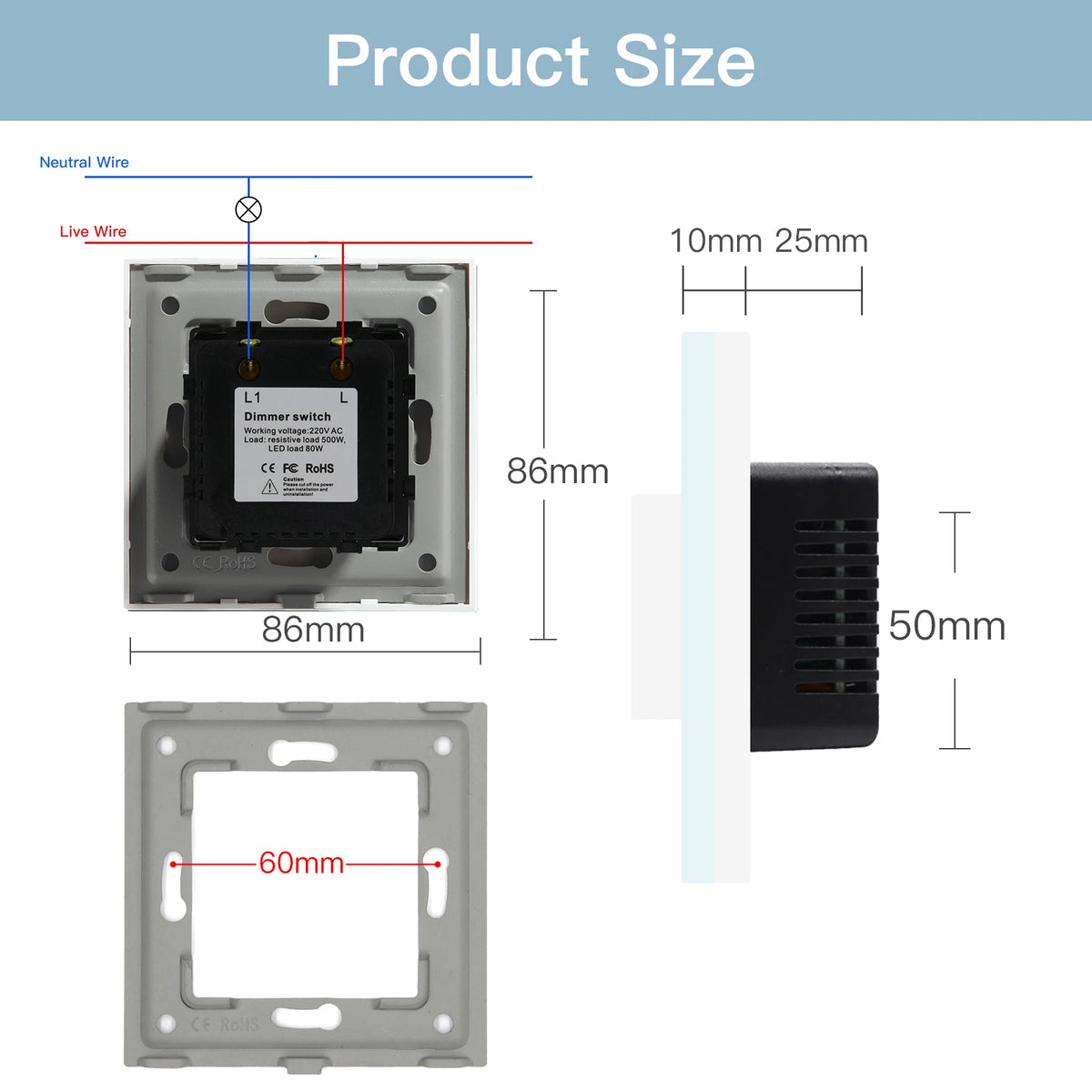 Dimmer Light Switch Rotary Knob Glass Mechanical LED Dimmable Wall Mounted Switches EU Standard Switches