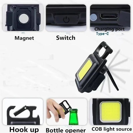 Mini LED 500mah Cold White Work Light Portable Pocket Flashlight Keychains USB Rechargeable For Outdoor Camping Small Corkscrew