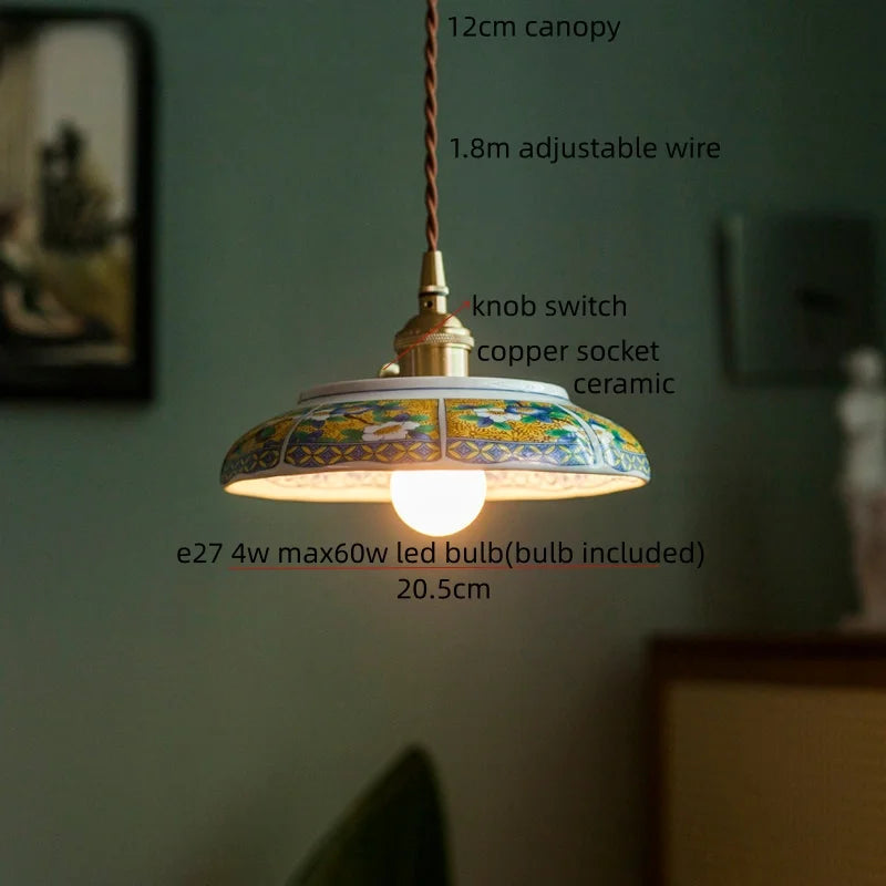 IWHD Home Design LED Pendant Lamp Balcony Reading Dining Room Japan Style Gold Copper Patterned Ceramic Hanging Lights Hanglamp