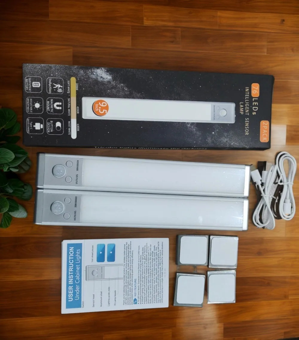 Tri-Color Motion Sensor Cabinet Lights, 76 LED Magnetic Closet Lights with 1500mAh USB Rechargeable, 2Pack for Kitchen/Stairs