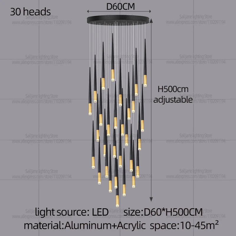 New Luxury Chandelier Nordic Conical Light Modern Living Room Duplex Attic Long Pendant Light Villa Staircase LED Pendant Light