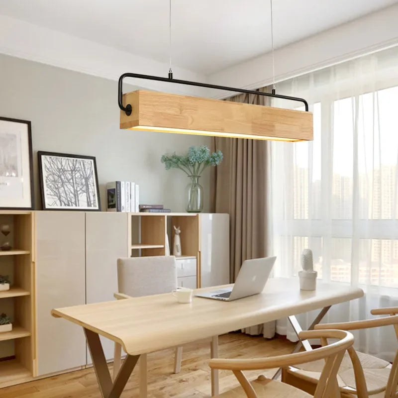 High-end Simple Nordic Style Wooden LED Pendant Light with Metal Pole for Indoor Lighting Decoration in Restaurants Cafes Bright