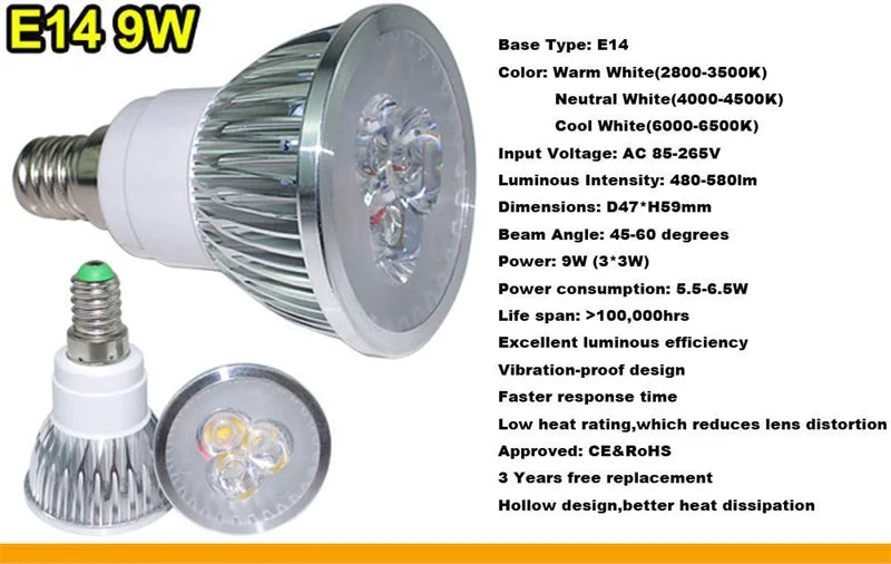 High Brightness LED Spotlight Bulb - E27 E14 GU10 MR16 Base (9W 12W 15W)