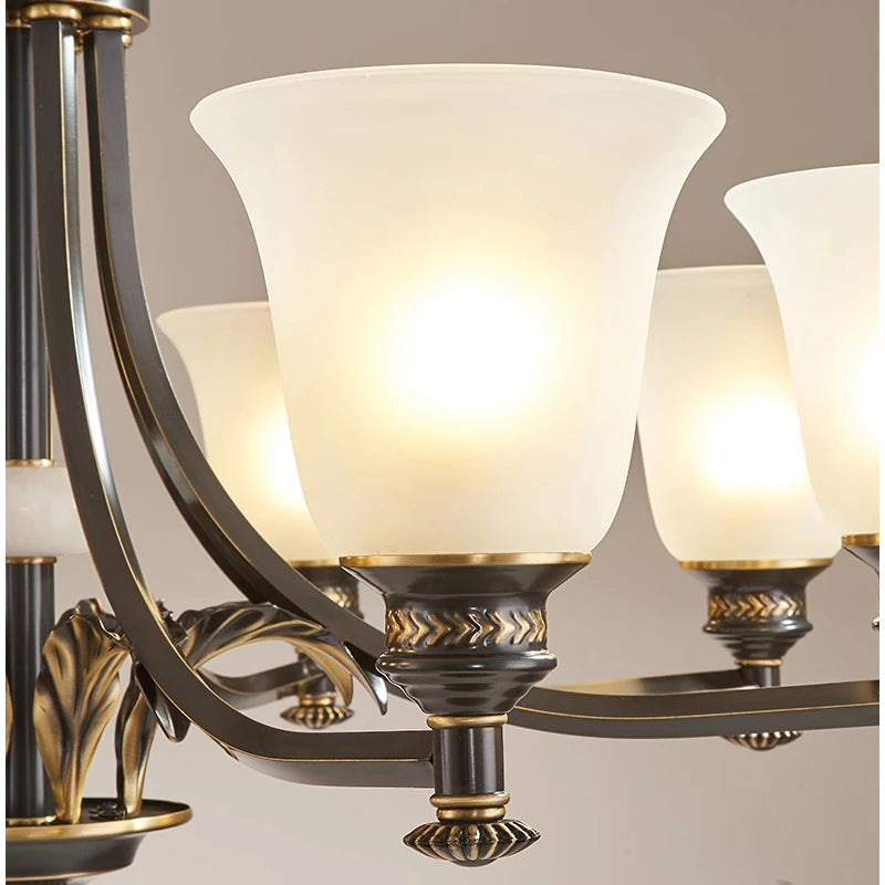 Solid Brass Chandelier with Glass Shades - 3-Color LED Luxury Dining Room Light
