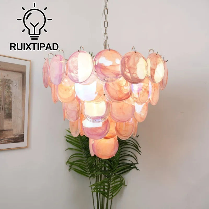 Multicolor Murano Glass Disc Chandelier (French Vintage Style) - Handblown Art Glass Pendant Light Fixture for Living Room & Dining Room Decor