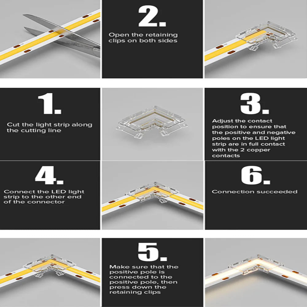 COB LED Connectors 90 Degree L Shape Corner 5/8/10mm Solderless For CCT FCOB RGB Strip Lights 2/3/4 Pin Connector Strip to Strip