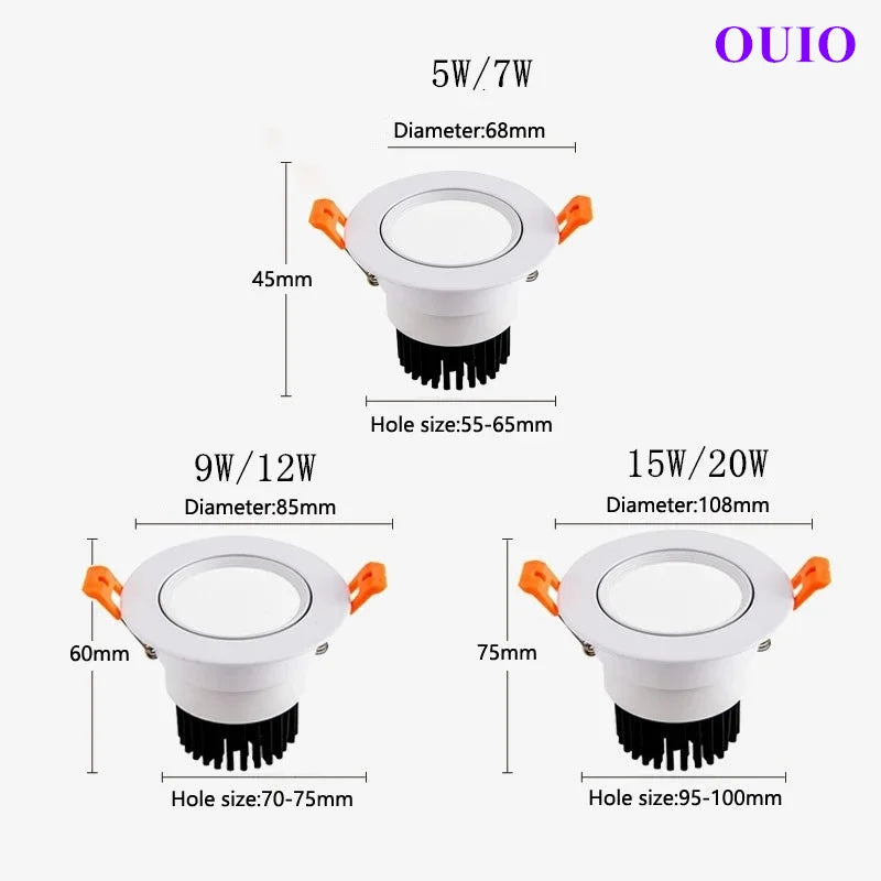 Tricolor Changeable Anti Glare Recessed LED Downlights 5W 7W 9W 12W 15W 20W COB Ceiling Lamp Spot Lights AC90-265V +Led Drive
