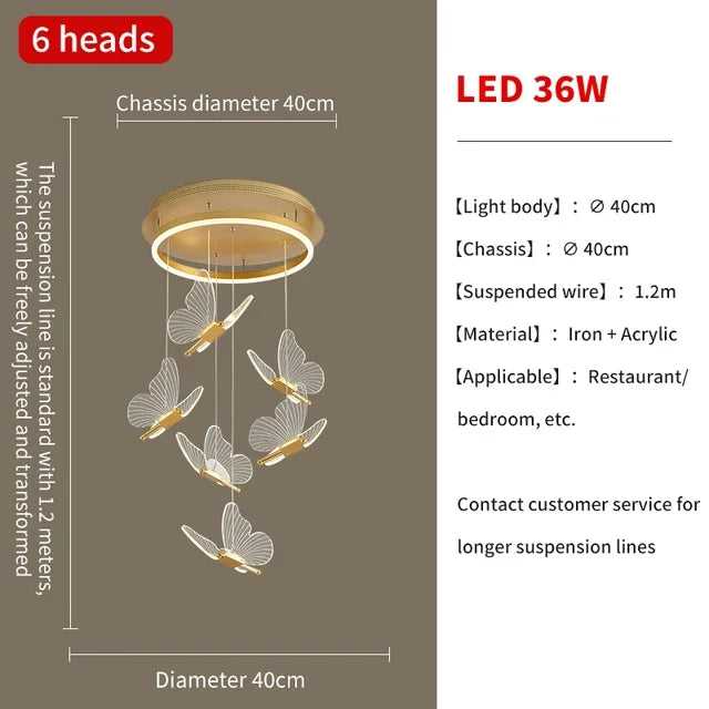 Gold LED Butterfly Lights Home Indoor Staircase Hanging Chandleiers Lamps Living Kitchen Island Bedroom Wall