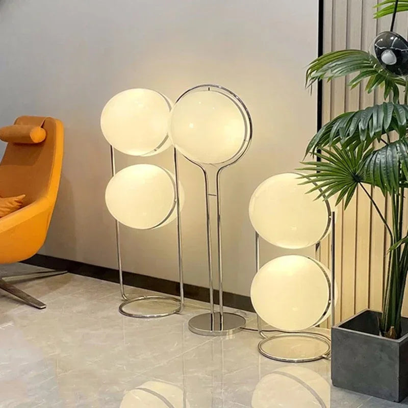 2026 Modern Creative Chrome Floor Lamp - White Acrylic Ball LED Standing Light