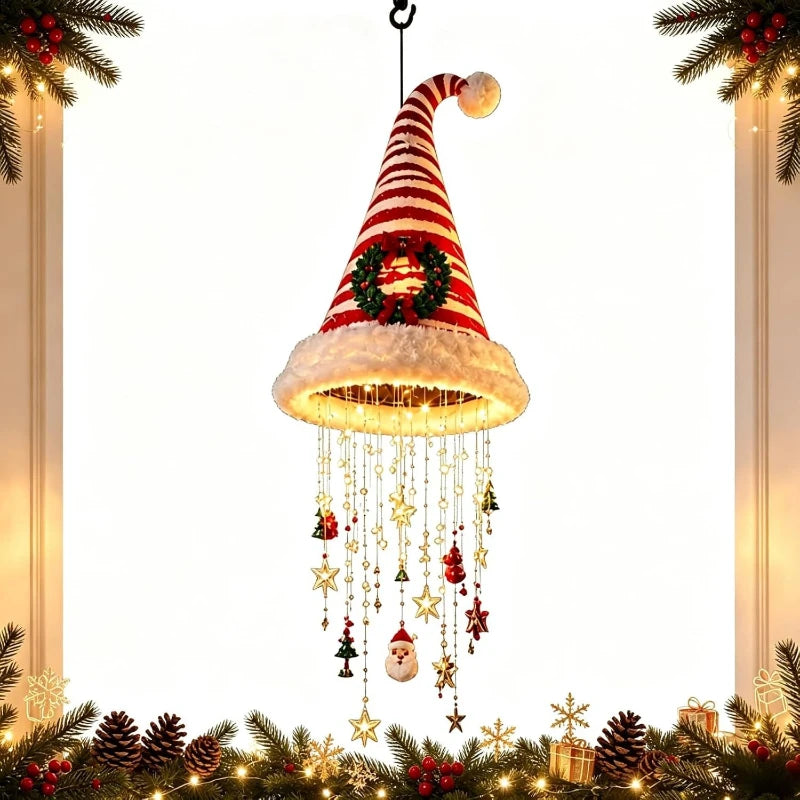 Glowing Santa Hat Chandelier - Warm Glowing Christmas Ornaments Hanging Chandelier Xmas Decoration for Porch Festive Decor