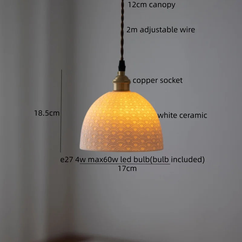 IWHD Home Design LED Pendant Lamp Balcony Reading Dining Room Japan Style Gold Copper Patterned Ceramic Hanging Lights Hanglamp