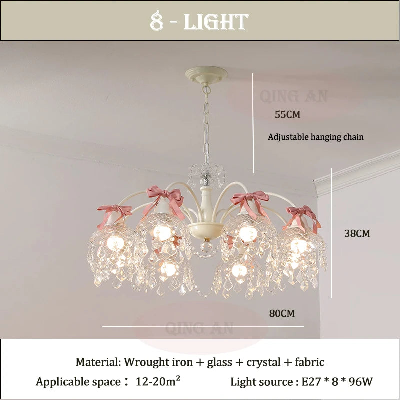 French Crystal Chandeliers Bedroom Living Room Dining Room Lamps Pink Bow Baby Room Princess Room Girl Bedroom Decor Chandelier