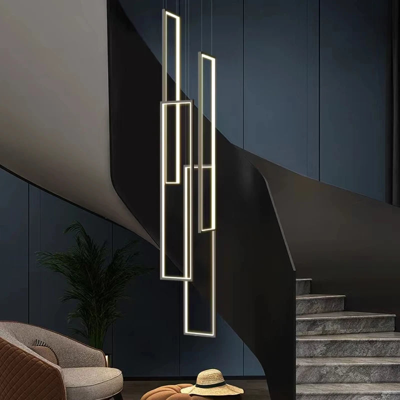 Large Modern Chandelier For Staircase Led Home Decors Hanging Lamp Black /Gold Indoor Lighting Luxury Creative Rectangle Luster's