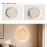 Huangdong Stone Round Thin Slice LED Wall Lamp - Designer Natural Travertine Accent Sconce Light Fixture for Bedroom Bedside, Living Room & Staircase