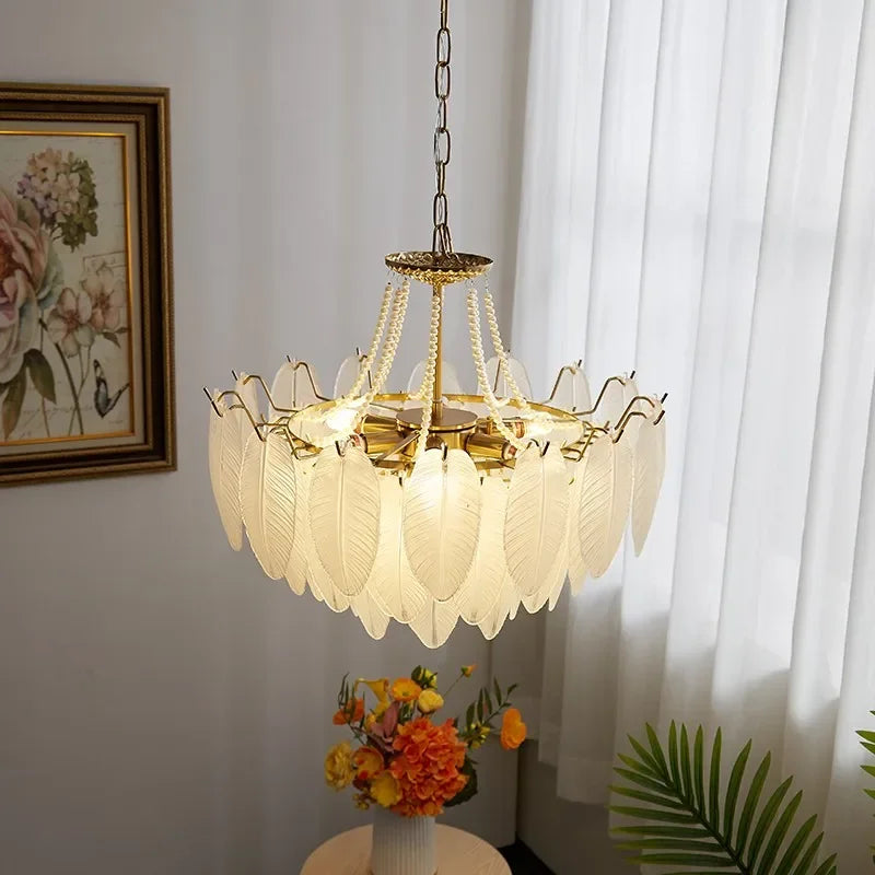 French Feather Chandelier Modern Luxury Glass Lamp For Living Room Restaurat Bedroom Villa Kitchen Home Decor Hotel Hall Lamp